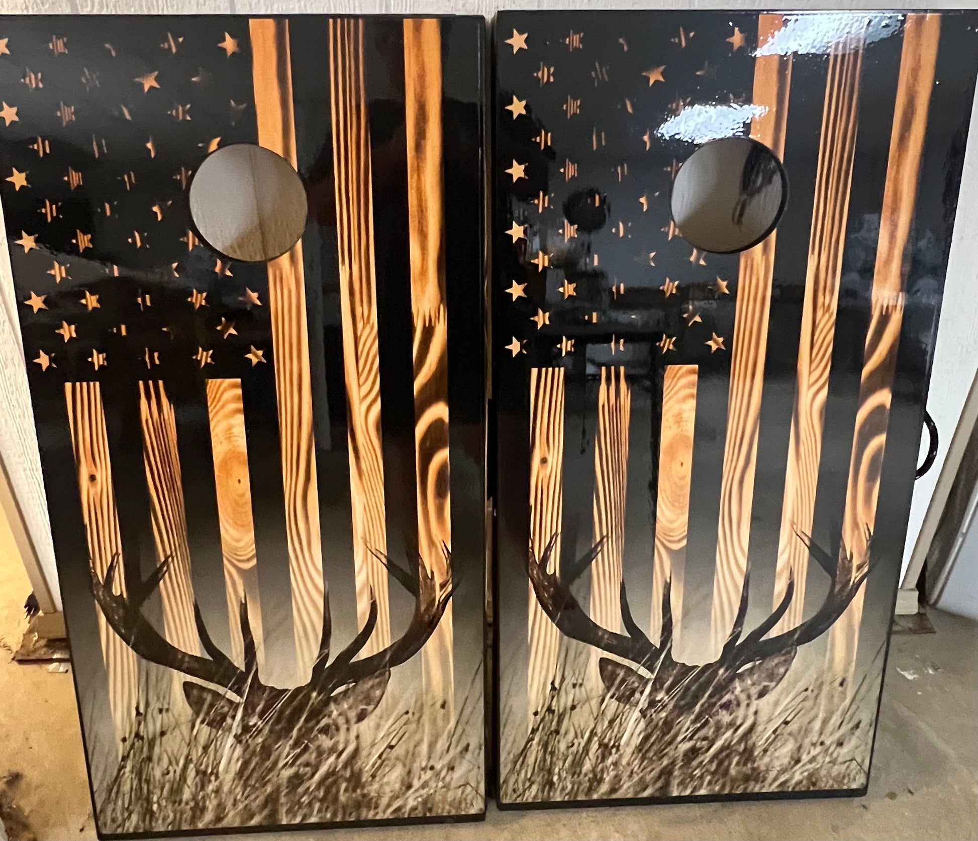 FLAGS | American Flag, Cornhole Boards, Wraps, Deer, Buck, Wood Flag, Deer in the Brush, Hunting Cornhole Boards