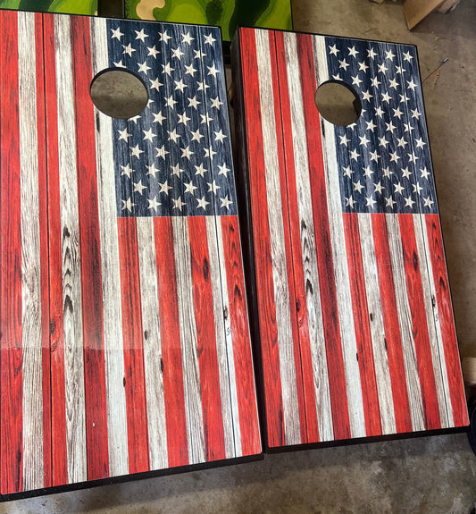 Rustic American Flag Cornhole Boards