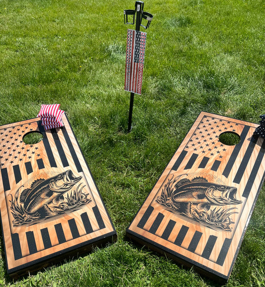 American Flag Fish Cornhole Cornhole Boards- Bass Fishing Design - Patriotic Fish Cornhole Boards – Built Like a Tank! Includes Bags + Optional Accessories