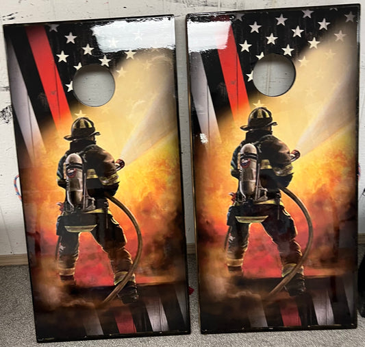 Fire Fighter - Red Line American Flag - Cornhole boards