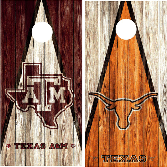 Texas A&M Aggies and Texas Longhorns Cornhole Wraps. House Divided.