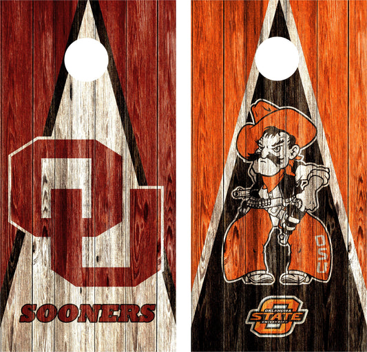 Oklahoma Sooners and Oklahoma St. Cowboys Cornhole Wraps. House Divided. 